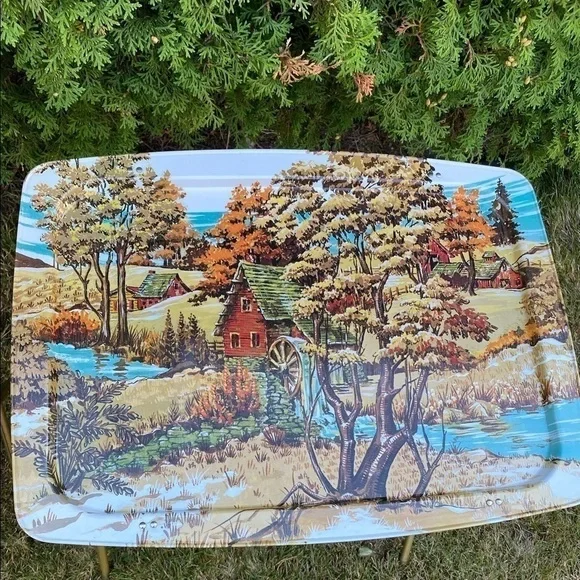 SET Of 2 Vintage Lavada Country Theme Metal TV Trays Metal Tray TV Table MCM - Picture 11 of 14